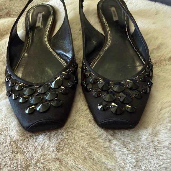 Miu Miu Ballet Satin Sling Back Flats With Crystals - Picture 3 of 6